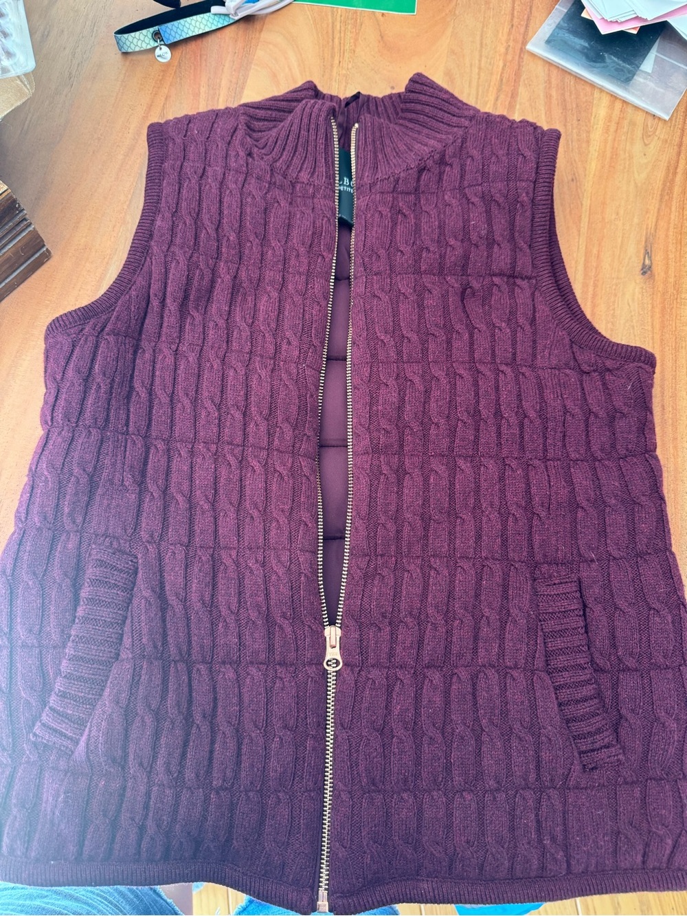 Talbots Quilted Cable-Knit Zip Vest — Burgundy
